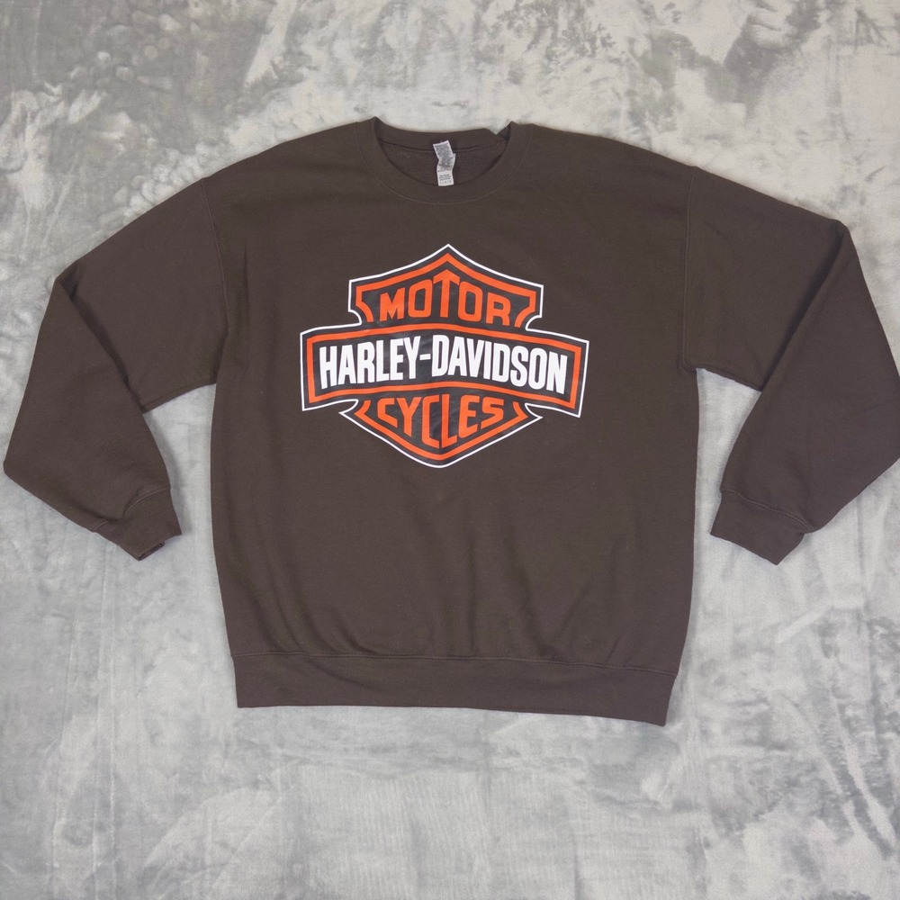 Harley-Davidson Sweatshirt Mens L Brown Graphic Logo Fleece Crewneck Pullover